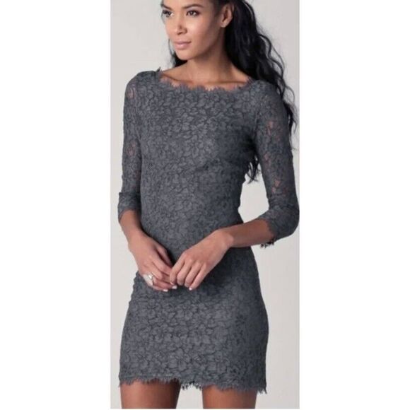 Diane von Furstenberg Zarita Grey Lace Mini, 3/4 Slv. Lined, Pre-Owned, Sz. 4 - Picture 1 of 12